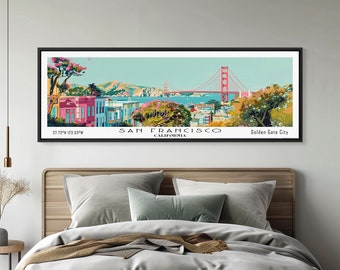 San Francisco California Panoramic Painting, Mid Century Modern Framed Canvas Print, Retro Pop Art Travel Poster, City Art, Living Room Art