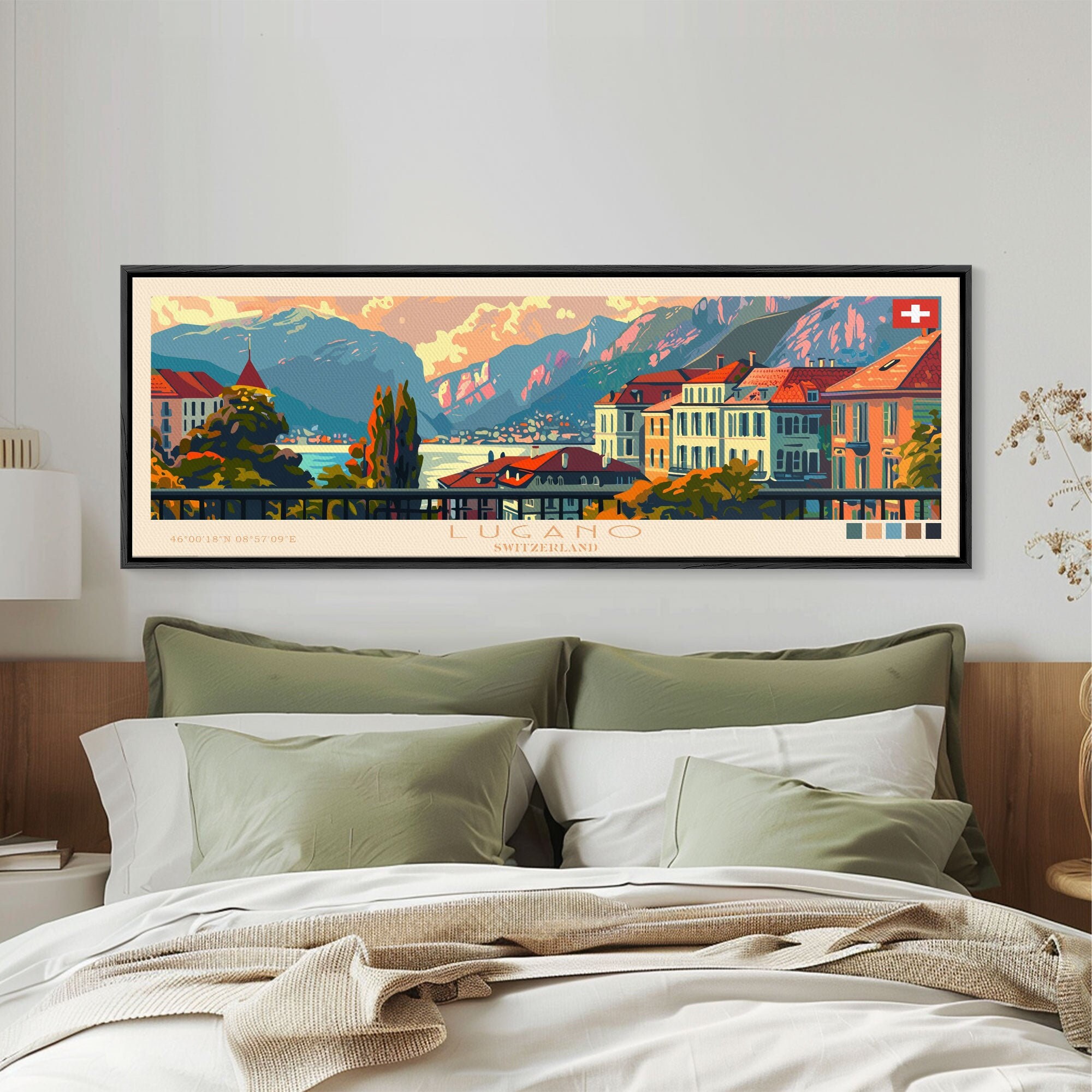 Lugano Switzerland Panoramic Travel Poster Framed Canvas Print or Metal Wall Art, Travel Art, Home Decor, Panoramic Painting, Midcentury Art