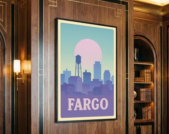 Fargo Travel Poster, Canvas Print, Vaporwave Downtown Skyline Wall Art, Fargo Wall Art, Travel Art Print, Home Office Decor, City Poster