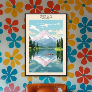 Echo Lake Montana Framed Canvas Print, Travel Print, Lake House Decor, Bedroom Wall Art, Home Decoration, Midcentury Modern, Pop Art