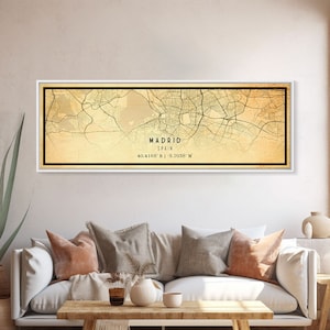 Panoramic Madrid Spain map print poster or framed canvas, Madrid map print poster canvas, city map print poster canvas, Vintage Travel Art