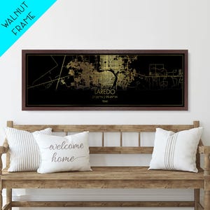 Laredo Texas City street map, Panoramic art, black and gold, Metallic Gold Print, Metal Art, real wood frames, Housewarming Gift