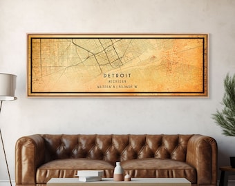 Panoramic Old Detroit City Map Wall Art Canvas Print, Vintage Style Map, Framed Wall Art, Cool Detroit Michigan Wall Art, Office Decor
