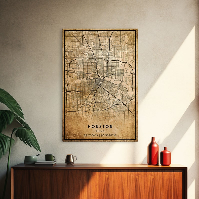 Distressed Houston Map Art Print: Texas City Canvas, Framed Option - Etsy