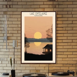 Lake Ontelaunee Pennsylvania Serene Travel Poster Art, Framed Canvas Print, Midcentury Modern Lake House Decor, Wall Art