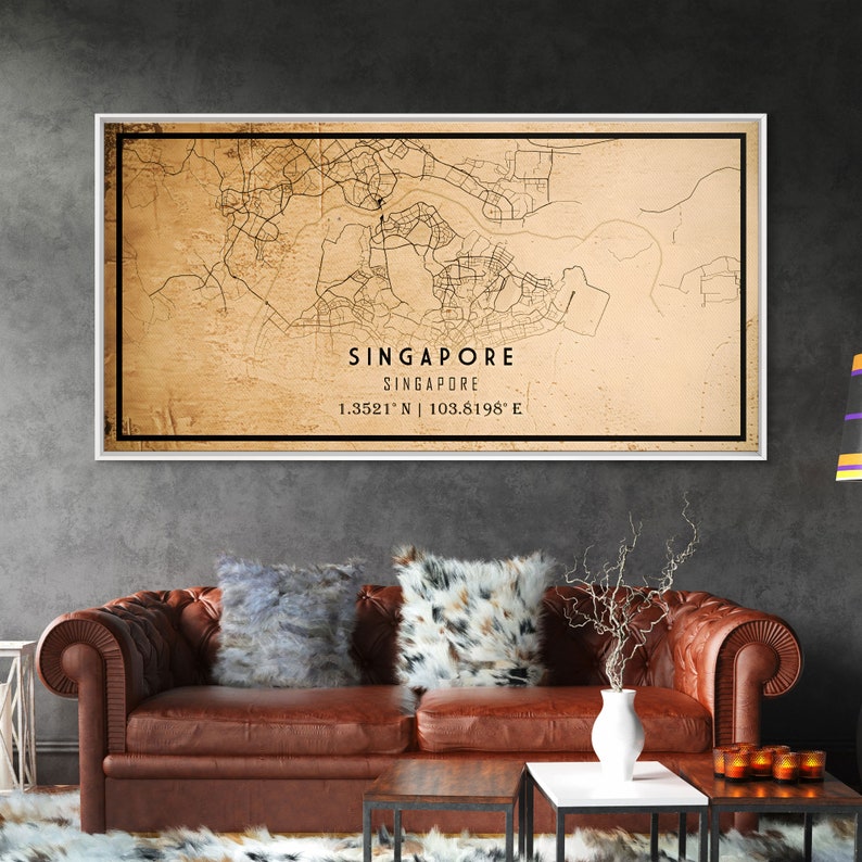 Singapore map print poster or framed canvas, Singapore map print poster canvas, Singapore city map print poster canvas, Vintage Travel Art image 1