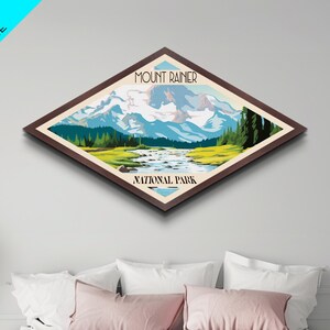 Mount Rainier National Park Travel Poster Canvas Texture Print, Travel Decor Art, Midcentury Modern Retro Decor Washington Travel Art