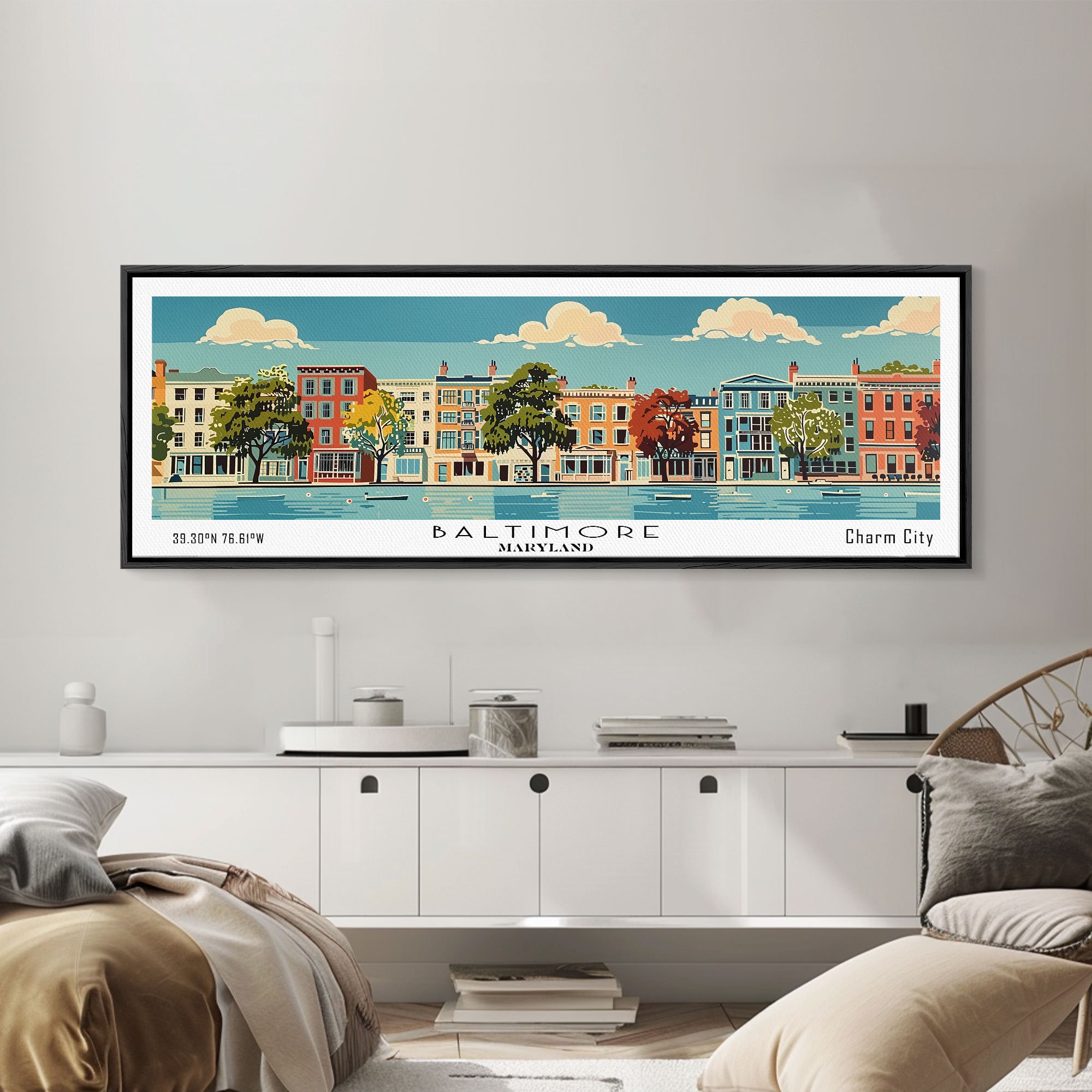 Baltimore Maryland Panoramic Painting, Mid Century Modern Framed Canvas Print, Retro Pop Art Travel Poster, Office Wall Art, City Print