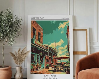Green Bay Travel Poster, Framed Canvas Print, Travel Prints, Landscape Art, Vintage Posters, Living Room Wall Art, Home Office Decor