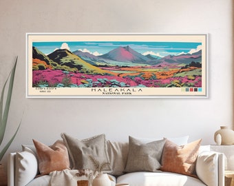 Haleakala National Park Panoramic Hawaii Travel Art, National Park Print, Minimalist Travel Art, Subdued Watercolor Painting Panoramic