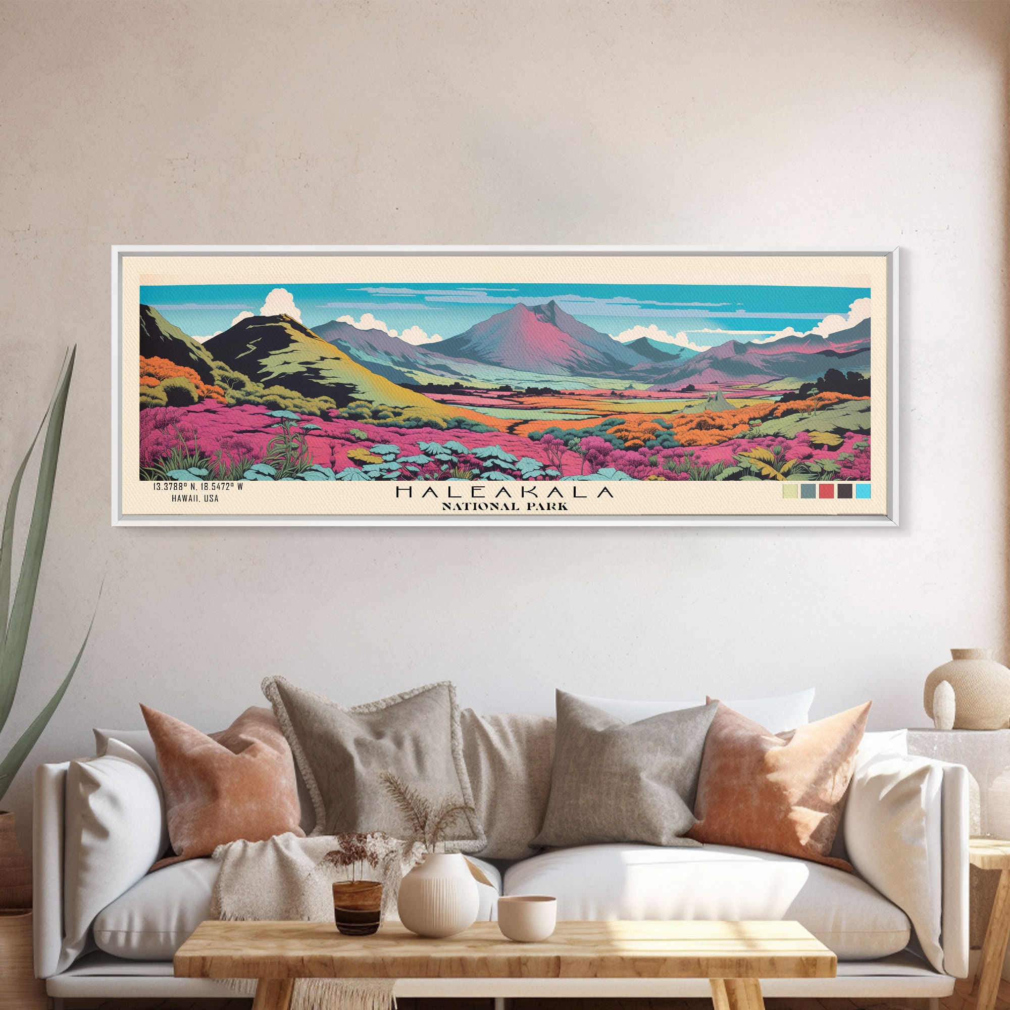 Haleakala National Park Panoramic Hawaii Travel Art, National Park Print, Minimalist Travel Art, Subdued Watercolor Painting Panoramic
