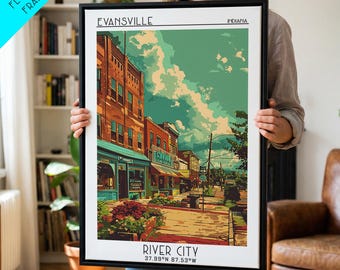 Evansville Travel Poster, Framed Canvas Print, Vintage Travel Print, City Wall Art, Travel Print, Vintage Posters, City Illustration