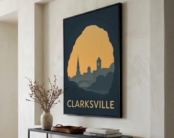 Clarksville Tennessee Travel Poster, Canvas Print, Sunset Skyline Wall Art, Clarksville Wall Art, City Travel Prints, Mid Century Wall Art