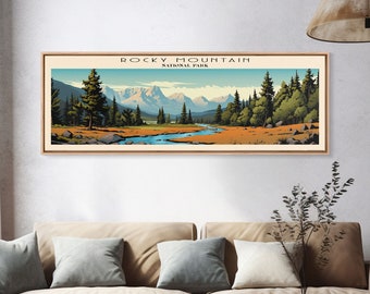 Rocky Mountain National Park Panoramic Travel Art, National Park Print, Minimalist Travel Art, Subdued Watercolor Painting Panoramic
