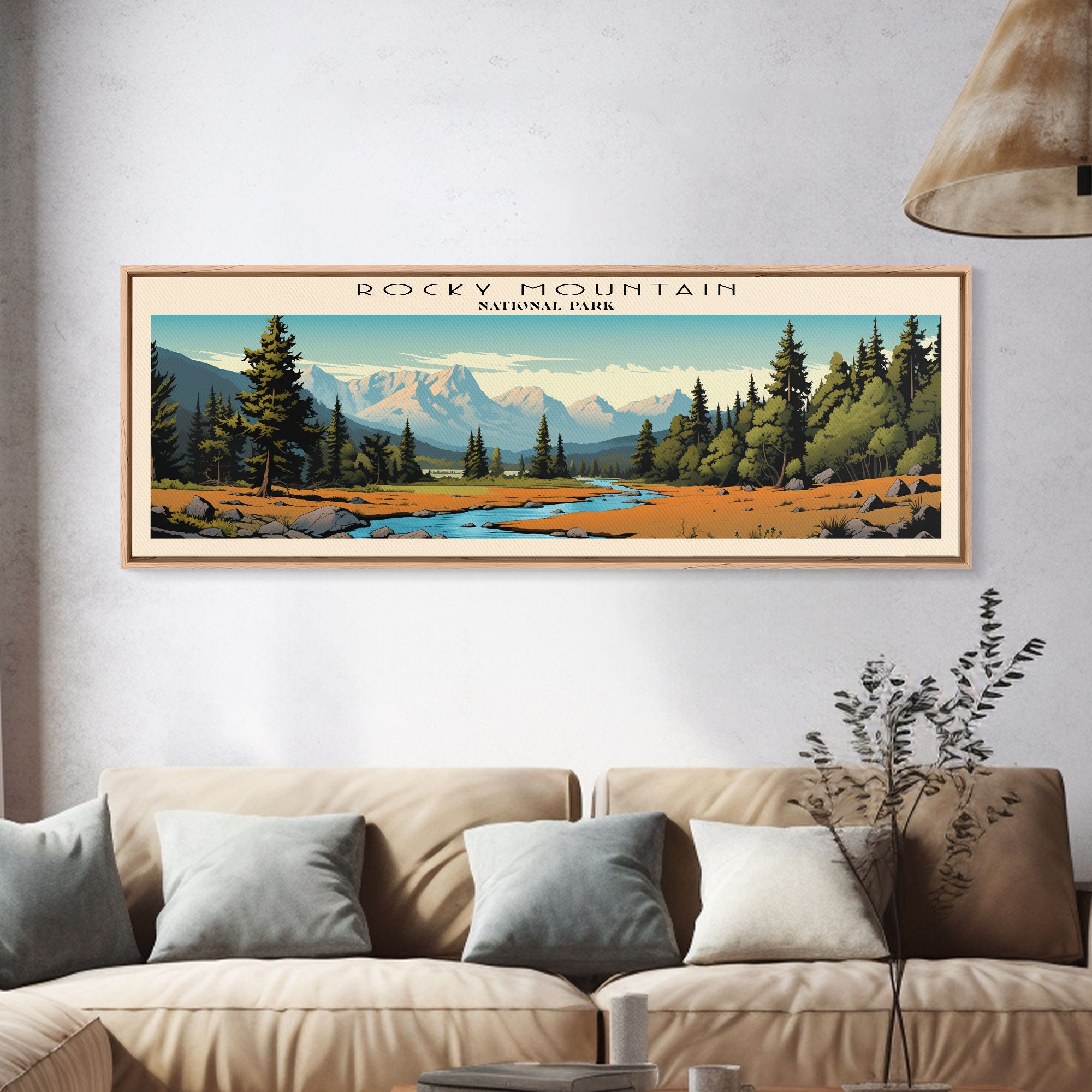 Rocky Mountain National Park Panoramic Travel Art, National Park Print, Minimalist Travel Art, Subdued Watercolor Painting Panoramic