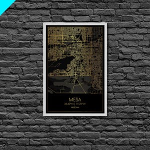 Mesa Arizona City Poster, Metallic Gold Art, Metal Art, real wood frames, black and gold, Map Art, Best Friend Gifts