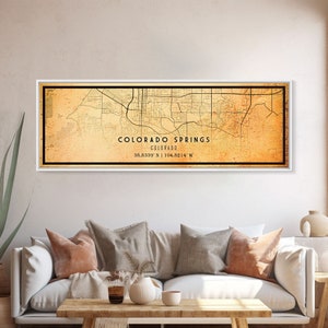 Panoramic Vintage Style Colorado Springs Map Wall Art, Stretched Canvas or Poster, Office Decor, Colorado Wall Art, Distressed Map Decor