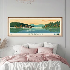 Impresión de lienzo enmarcado del lago de los Ozarks Missouri, arte panorámico de la pared, decoración moderna de la sala de estar de mediados de siglo, cartel de viaje, arte de la casa del lago