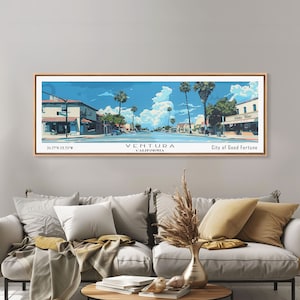 Ventura California Panoramic Painting, Mid Century Modern Framed Canvas Print, Retro Pop Art Travel Poster, City Print, Office Wall Art