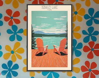 Sebago Lake Maine Framed Canvas Print, Vintage Style Art, Travel Poster, Pop Art, Wall Hanging, Lake House Decor, Office Art, Travel Print