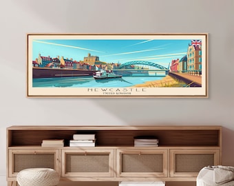 May include: A vintage travel poster illustration of Newcastle, United Kingdom. The poster features a blue river with a bridge, buildings, and a boat. The text "NEWCASTLE" and "UNITED KINGDOM" is at the bottom of the poster.