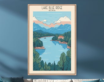 Lake Blue Ridge, Georgia Framed Canvas Print, Wall Art, Travel Poster, Lake House Decor, Scenic Lake Art, Midcentury Modern, Art Print
