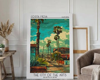 Costa Mesa Travel Poster, Canvas Print, Retro Travel Poster, City Wall Art, Watercolor Cityscape, City Travel Poster, Travel Posters