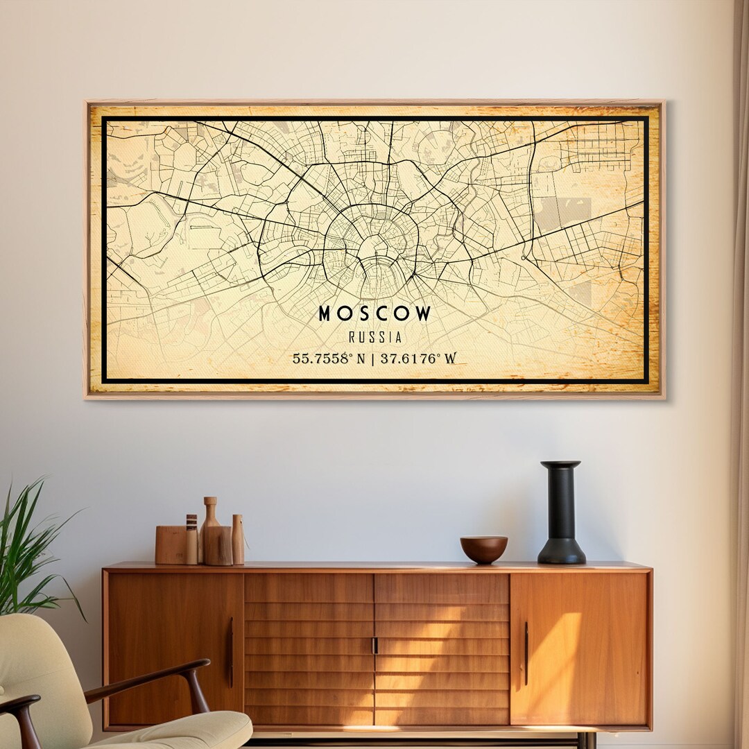 Vintage Style Moscow City Map Wall Art Canvas Print, Distressed Moscow ...