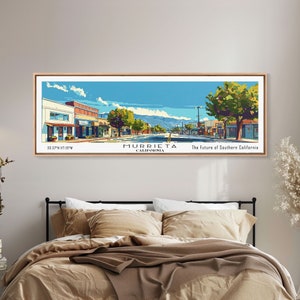 Murrieta California Panoramic Painting, Mid Century Modern Framed Canvas Print, Retro Pop Art Travel Poster, Living Room Decor