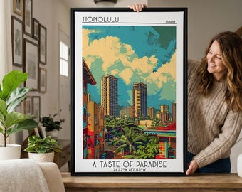 Honolulu Travel Poster, Canvas Print, Travel Wall Decor, Minimalist Poster, Travel Posters, Watercolor Cityscape, City Travel Poster