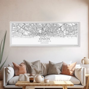Panoramische plattegrond van Londen, Verenigd Koninkrijk kunst, kaartafdruk, minimalistische muurkunst, canvaskunst, housewarmingcadeau, stratenplankunst, slotcadeau