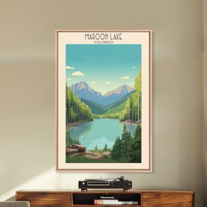 Maroon Lake Colorado Framed Canvas Print, Travel Poster, Pop Art, Lake House Decor, Colorado Wall Art, Travel Print, Home Decor, Midcentury