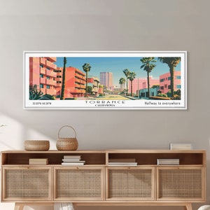 Torrance California Panoramic Wall Art, Mid Century Modern Framed Canvas Print, Retro Pop Art Travel Poster, Living Room and Office Decor