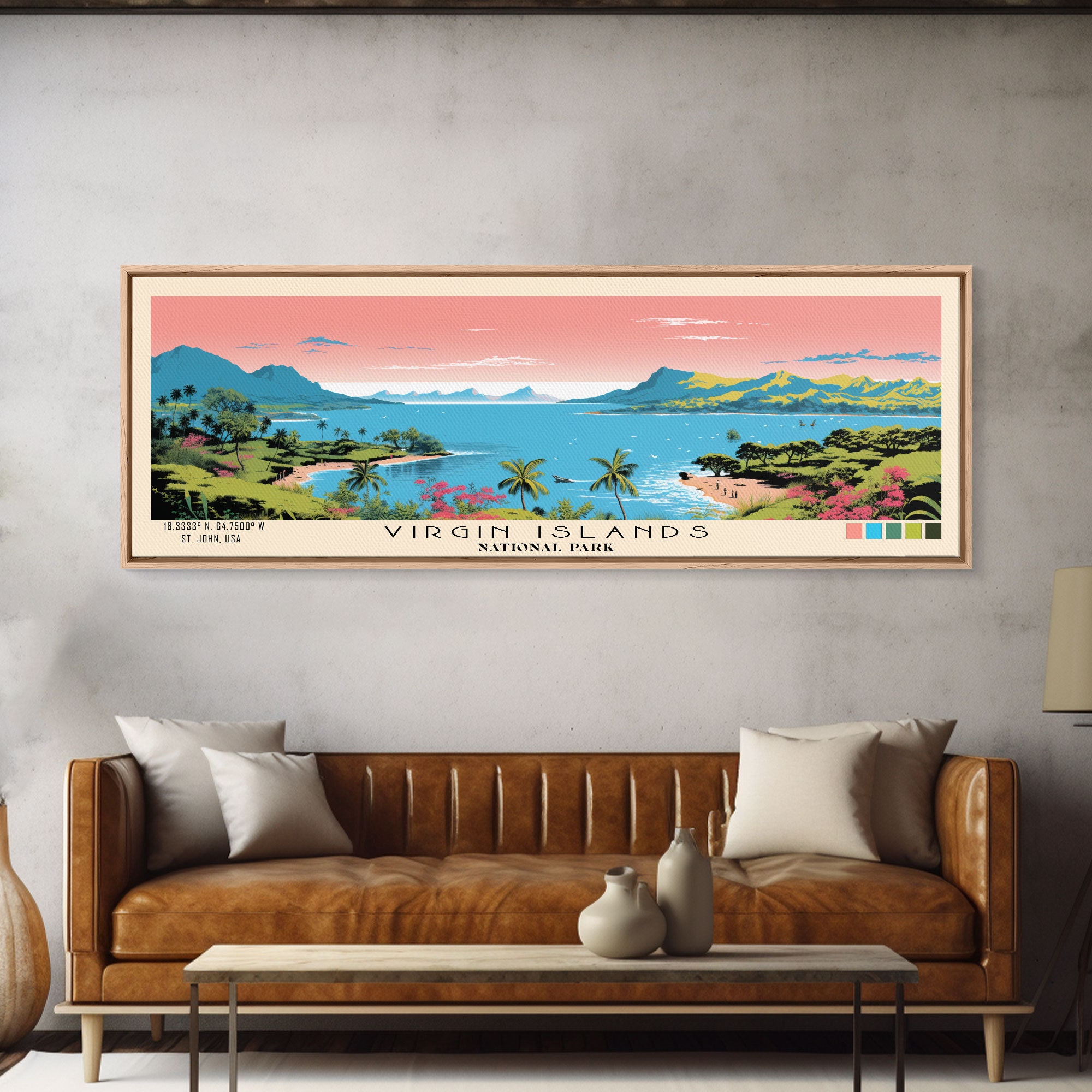Virgin Islands National Park Panoramic St John Travel Art, National Park Print, Minimalist Travel Art, Subdued Watercolor Painting Panoramic