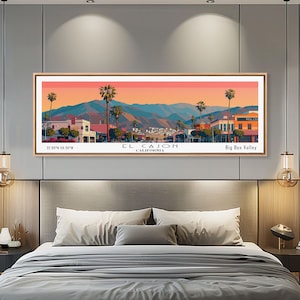 El Cajon California Panoramic Art, Mid Century Modern Framed Canvas Print, Retro Pop Art Travel Poster, Office Wall Decor