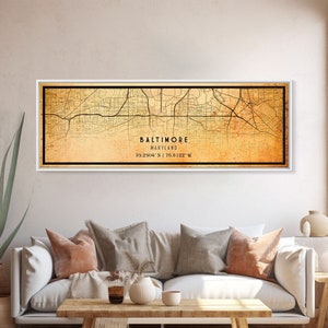 Panoramic Old Baltimore City Map Wall Art Canvas Print, Vintage Style Map, Framed Wall Art, Cool Baltimore Maryland Wall Art, Office Decor