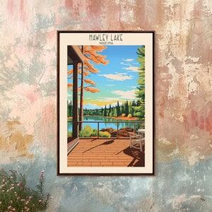 Impresión de lienzo enmarcado de Hawley Lake Arizona, decoración de la casa del lago, cartel de viaje, decoración del hogar, arte de la pared del dormitorio, arte moderno de mediados de siglo, arte pop
