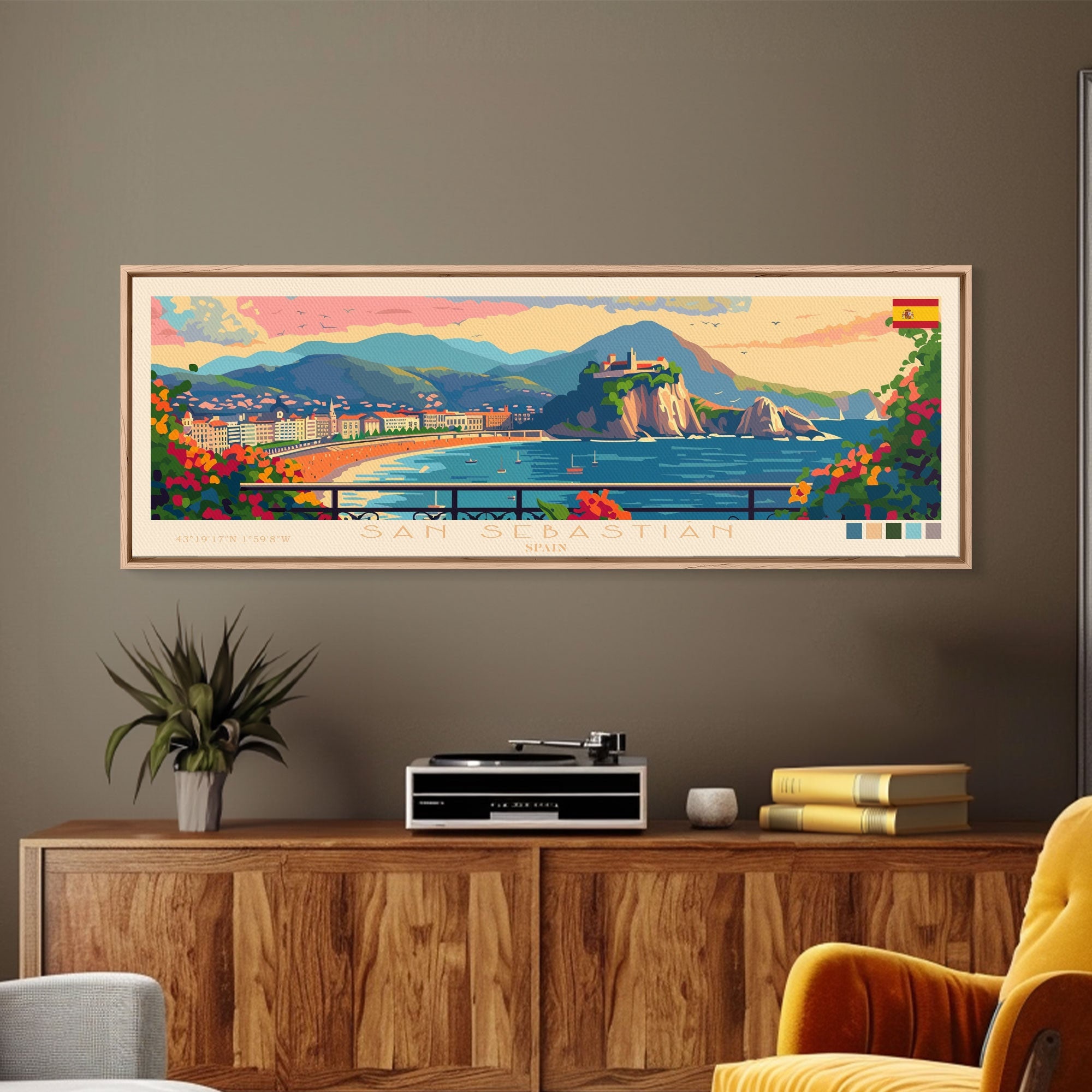 San Sebastian Spain Panoramic Travel Poster, Framed Canvas Print Metal Wall Art, Travel Art, Home Decor, Panoramic Painting, Midcentury Art