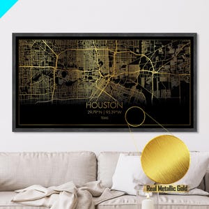 Houston Texas City street map, Metallic Gold Print, Metal Art, wood framed map, black gold, Street Map Art, Travel Poster, Modern House Art