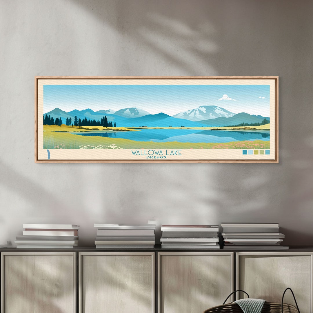 Wallowa Lake, Oregon Framed Canvas Print, Panoramic Lake House Art