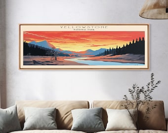 Yellowstone National Park Panoramic Wyoming Travel Art, National Park Print, Minimalist Travel Art, Subdued Watercolor Painting Panoramic