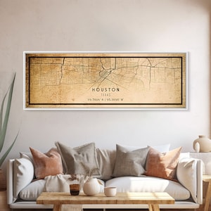 Panoramic Houston Vintage Map Print, Framed Canvas, Houston Map, Texas Map Art, Houston City Road Map Poster, Vintage Map