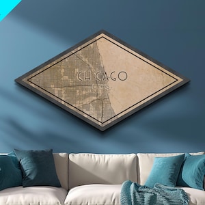 Chicago Diamond Shaped City Map, Custom Diamond Shaped Wall Art, City Map Canvas