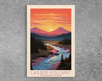 Lassen Volcanic National Park California Travel Art, National Park Print, Minimalist Travel Art, Midcentury Modern Style Landscape Painting