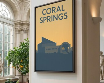 Coral Springs Travel Poster, Framed Canvas Print, Sunset Skyline Wall Art, Coral Springs Art Print, Modern Wall Decor, Vintage City Poster