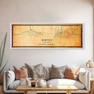 Panoramic Memphis Tennessee Map Canvas Print, Bluff City Map, Home Of The Blues, Vintage Style Memphis Road Map Art, Cool Office Decor