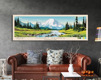 Mount Rainier National Park Panoramic Travel Art, National Park Print, Minimalist Travel Art, Subdued Watercolor Painting Panoramic