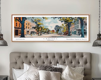 May include: A vintage-style illustration of a street scene in Carmel, Indiana, with the text "Roundabout Capital of the U.S." and coordinates "39.97°N 86.15°W".