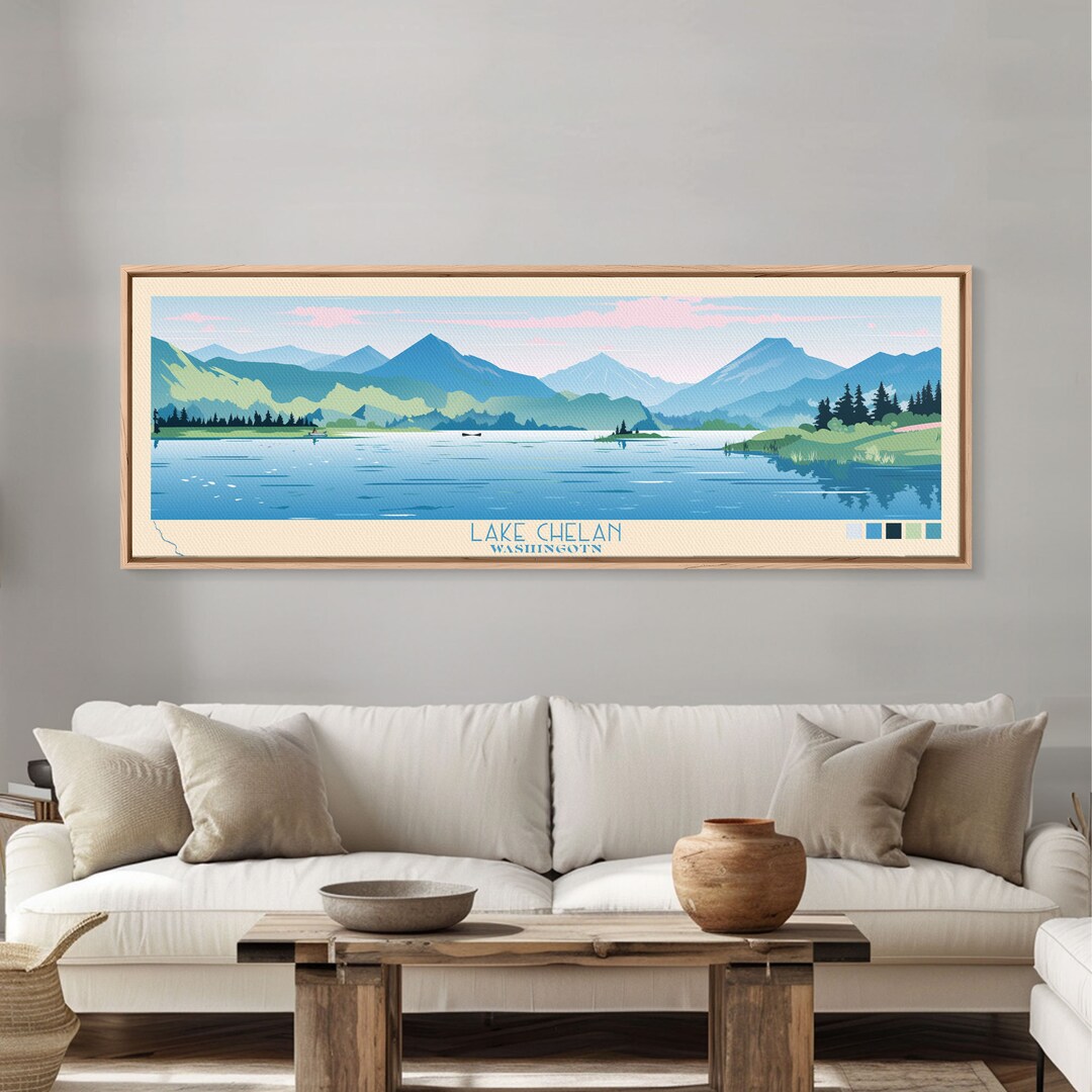 Lake Chelan Washington Framed Canvas Print, Panoramic Art, Midcentury