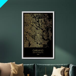 Garland Texas City street map, Metallic Gold Print, Metal Art, wood framed map, black and gold, Gold Street Map Art, Modern Wall Art